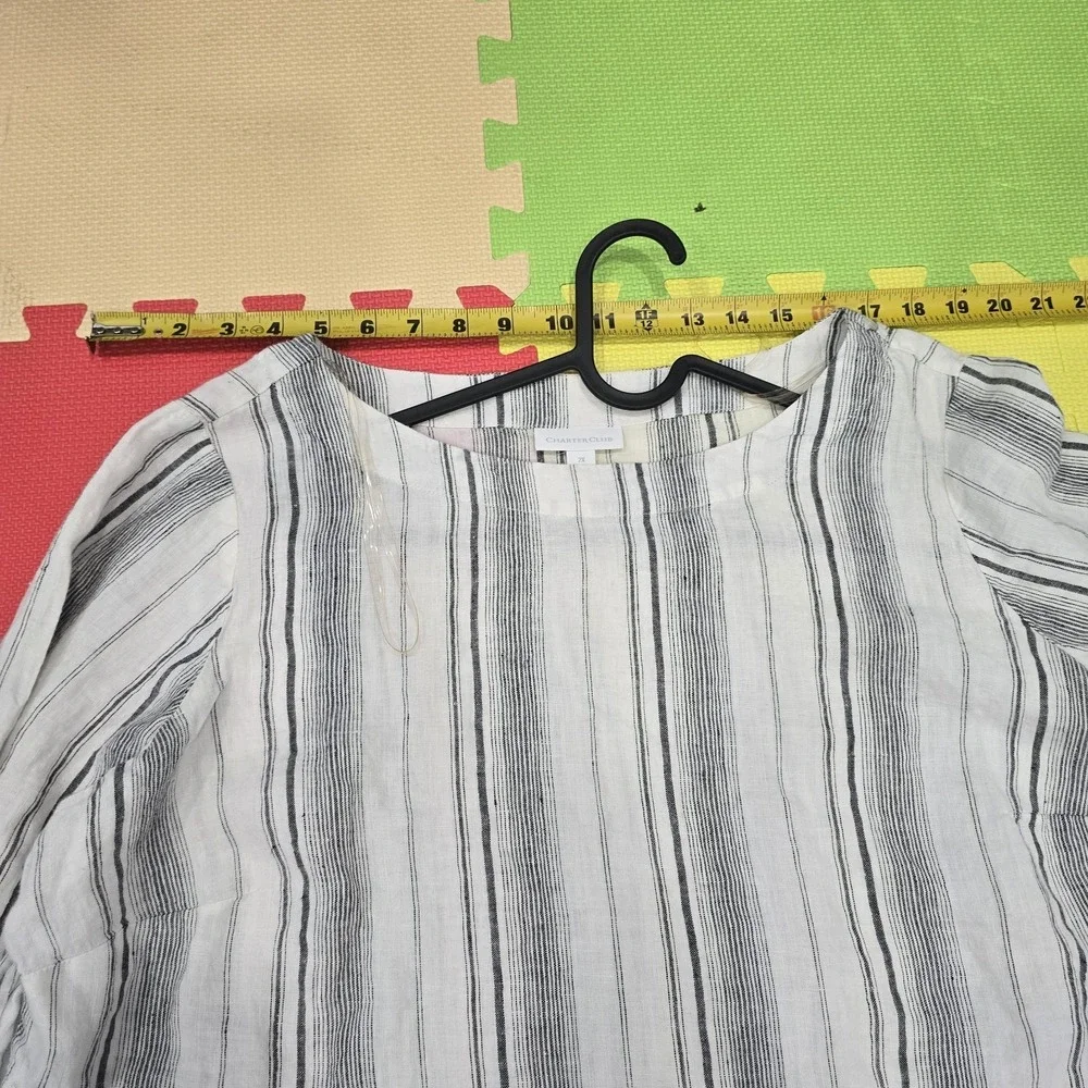 Charter Club Women's 2X Top‎ 100% Linen Striped Ruffle Bell Sleeve Boho Blouse